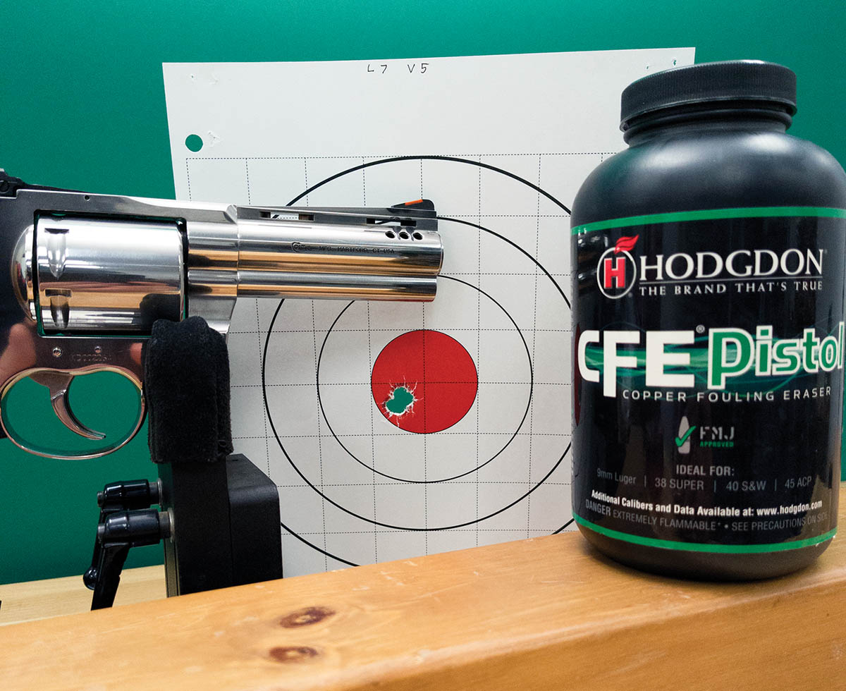 The best load tested in the Colt Kodiak was  using 12.4 grains of Hodgdon CFE Pistol with a  200-grain Hornady XTP bullet. At 1,343 fps, the group size measured out to a mere .23 inches and is essentially one hole with 5 shots through it.